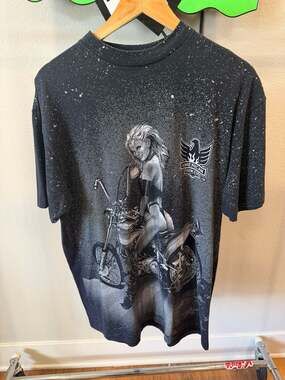 Vintage 90s American Biker All-Over Print Motorcycle Pin-Up T-Shirt